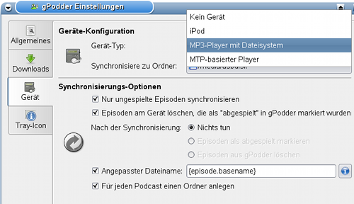 gPodder - Synchronisierung Player