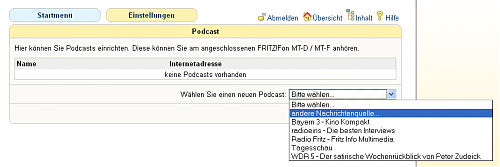 Fritz!Fon Podcast-Feature Auswahl